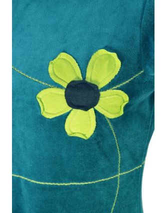 Krátke zamatové petrolejovej šaty s krátkym rukávom, aplikácia farebné kvety