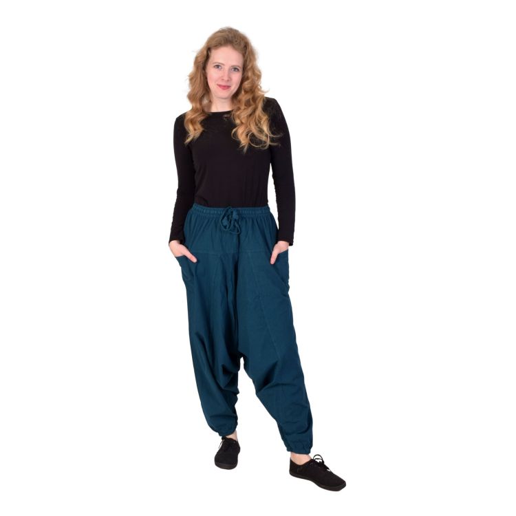 Turecké petrolejovo modré nohavice, unisex, vrecká, šnúrka a guma v páse