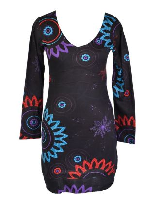 Čierno-tyrkysové šaty s dlhým rukávom, Flower Mandala potlač