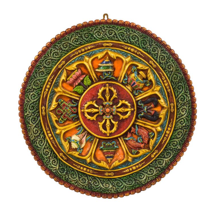 Astamangal mandala, ručne maľovaná, živica, priemer 60cm