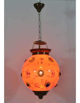Guľatá sklenená lampa zdobená farebnými kameňmi, ružová, ručné práce, 25x35cm