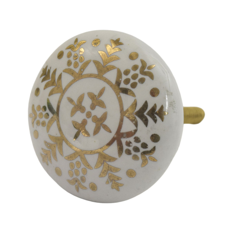 Maľovaná porcelánová úchytka na šuplík, biela, jemný zlatý vzor 4cm