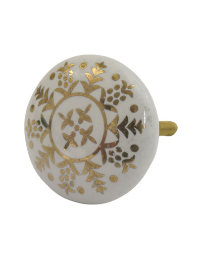 Maľovaná porcelánová úchytka na šuplík, biela, jemný zlatý vzor 4cm