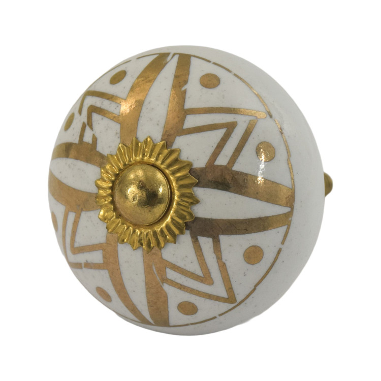 Maľovaná porcelánová úchytka na šuplík, biela, jemný zlatý vzor 4cm