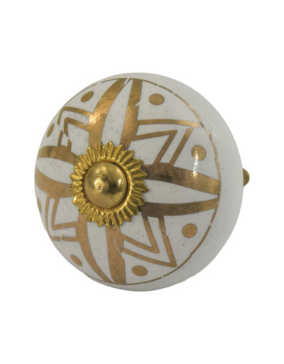 Maľovaná porcelánová úchytka na šuplík, biela, jemný zlatý vzor 4cm