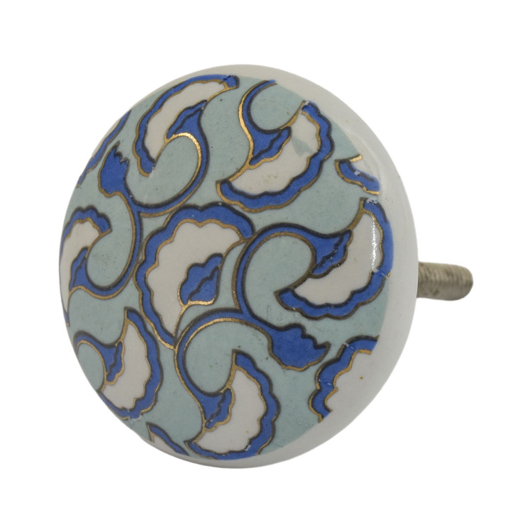 Maľovaná porcelánová úchytka na šuplík, zlato-modrý dizajn, biely podklad