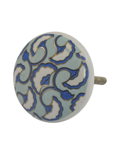 Maľovaná porcelánová úchytka na šuplík, zlato-modrý dizajn, biely podklad