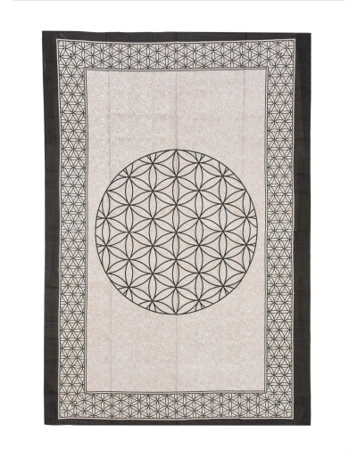Prikrývka na posteľ s potlačou kvet života, béžová a čierna tlač, 140x202cm