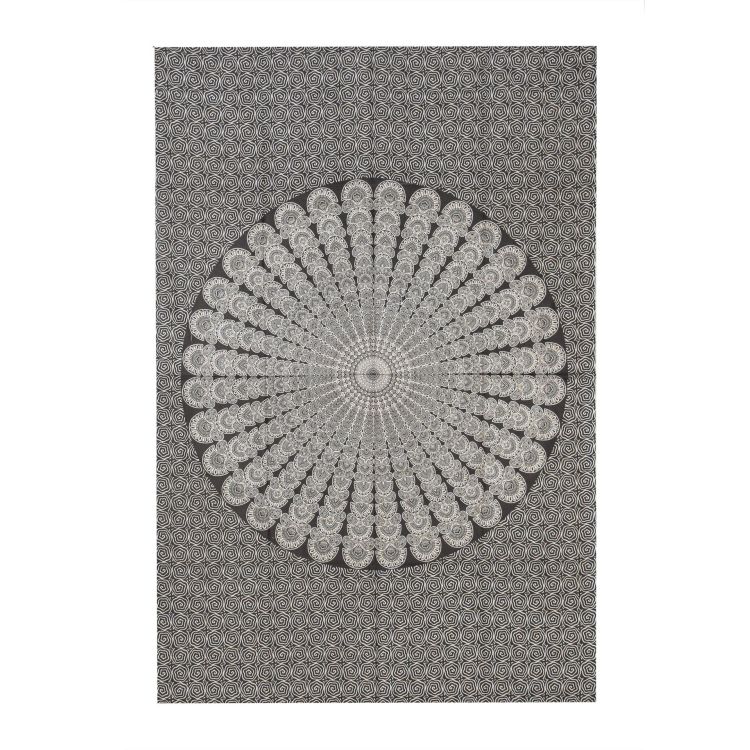 Prikrývka na posteľ s potlačou mandala pávie perá, béžová a čierna tlač, 140x202cm
