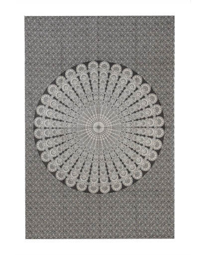 Prikrývka na posteľ s potlačou mandala pávie perá, béžová a čierna tlač, 140x202cm