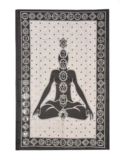 Prikrývka na posteľ s potlačou čakry, béžová a čierna tlač, 140x202cm