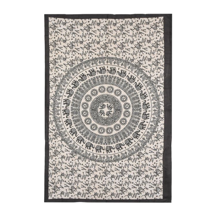 Prikrývka na posteľ s potlačou slonia mandala, béžová a čierna tlač, 140x202cm