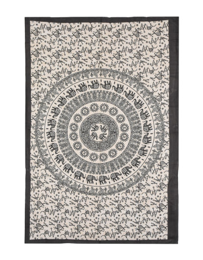 Prikrývka na posteľ s potlačou slonia mandala, béžová a čierna tlač, 140x202cm