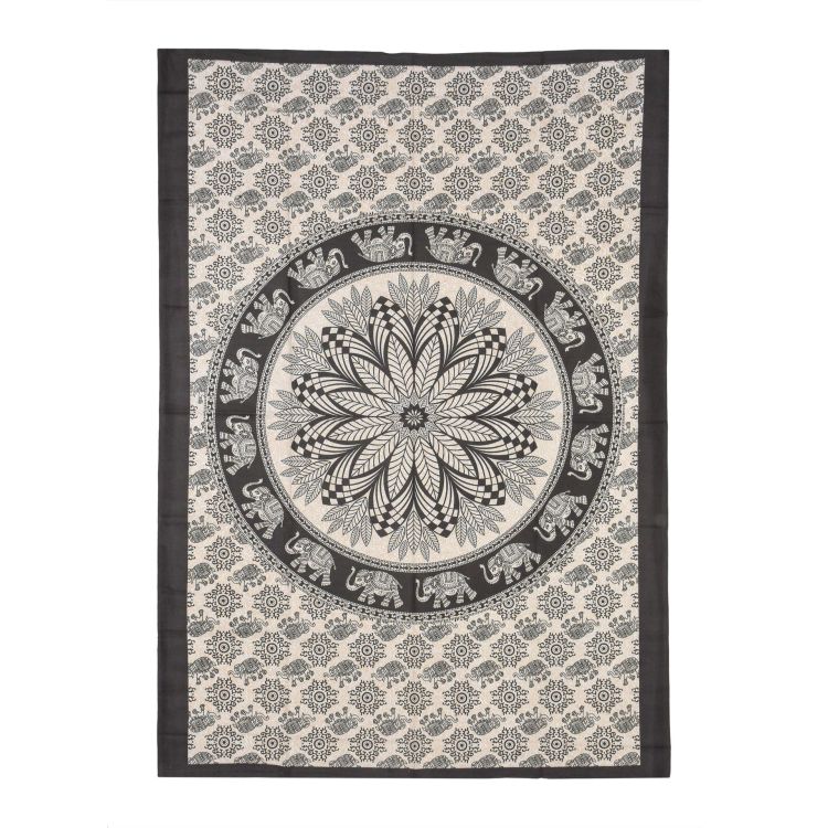 Prikrývka na posteľ s potlačou mandala listy, béžová a čierna tlač, 140x202cm