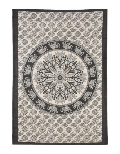 Prikrývka na posteľ s potlačou mandala listy, béžová a čierna tlač, 140x202cm
