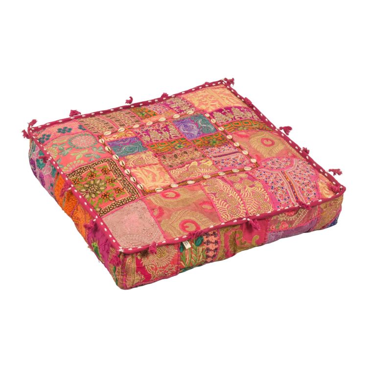 Meditačný vankúš ručne vyšívaný patchwork, s mušličkami, štvorec, 60x60x10cm