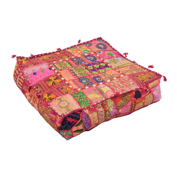 Meditačný vankúš ručne vyšívaný patchwork, s mušličkami, štvorec, 60x60x10cm