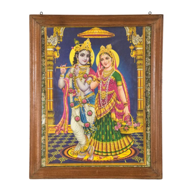 Krišna a Radha, starý obraz v teakovom ráme, 66x81cm
