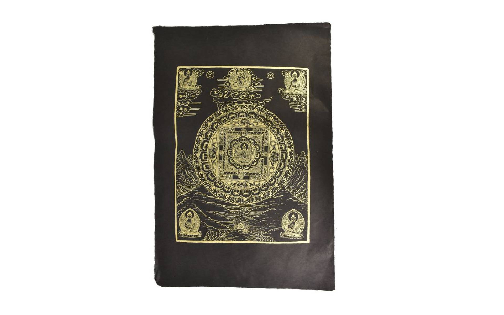 Budha Mandala, zlatá tlač na čiernom ručnom papieri, 50x75cm