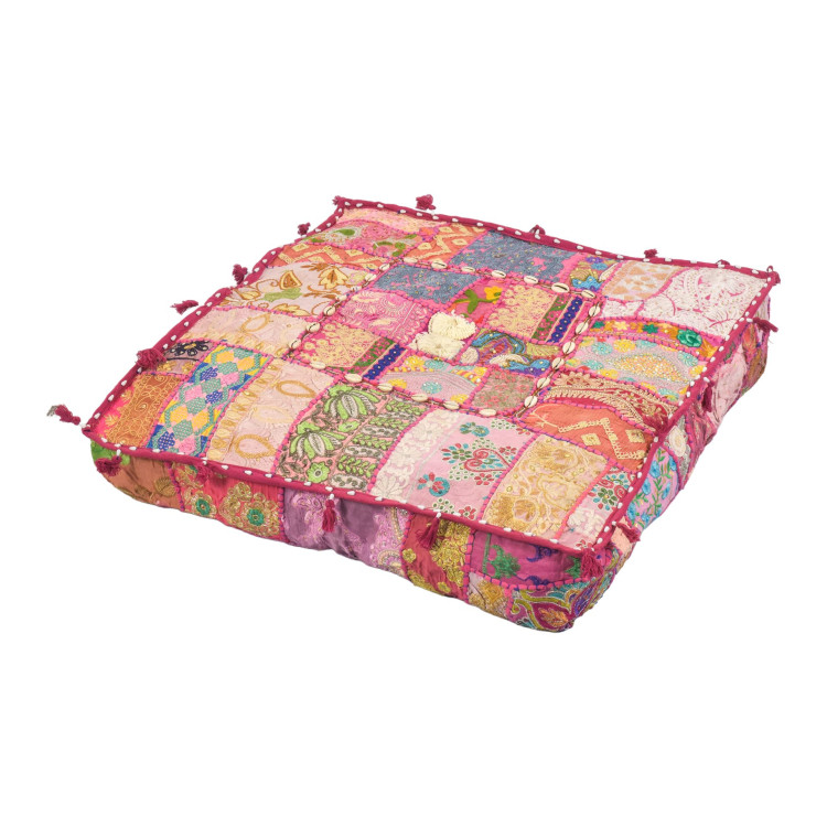 Meditačný vankúš ručne vyšívaný patchwork, s mušličkami, štvorec, 60x60x10cm