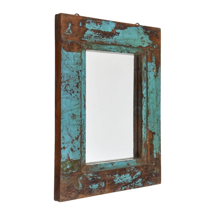 Zrkadlo v ráme z teakového dreva, tyrkysová patina, 37x4x49cm