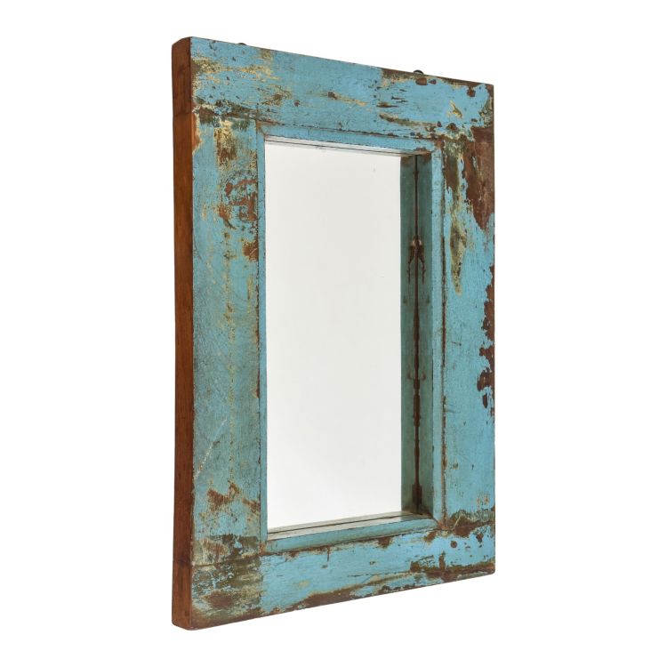 Zrkadlo v ráme z teakového dreva, tyrkysová patina, 37x4x54cm