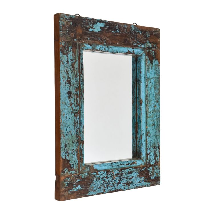 Zrkadlo v ráme z teakového dreva, tyrkysová patina, 36x3x49cm