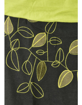Krátka čierna balónová sukňa, &quot;Leaves&quot; dizajn, zelený potlač a výšivka