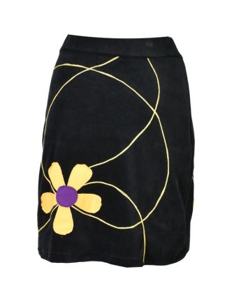 Krátka čierna zamatová sukňa, aplikácia farebné kvety