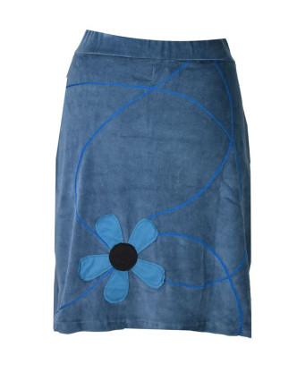 Krátka modrá zamatová sukňa, aplikácia farebné kvety