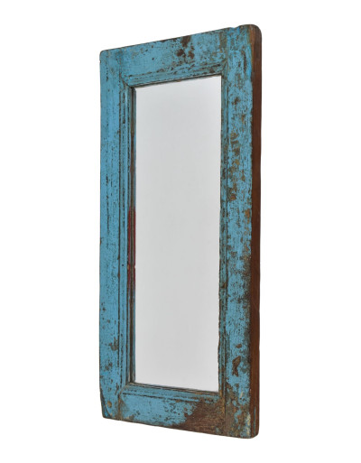 Zrkadlo v ráme z teakového dreva, tyrkysová patina, 22x3x47cm