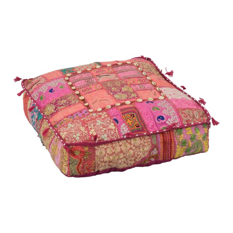 Meditačný vankúš ručne vyšívaný patchwork, s mušličkami, štvorec, 60x60x10cm