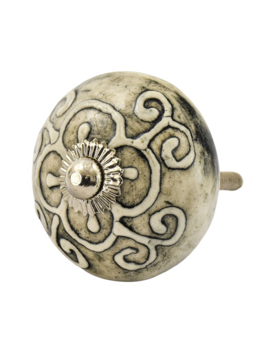 Maľovaná porcelánová úchytka na šuplík, šedé mramorovanie s ornamentom