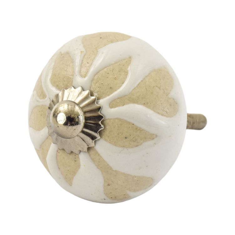 Maľovaná porcelánová úchytka na šuplík, biela, béžový kvet