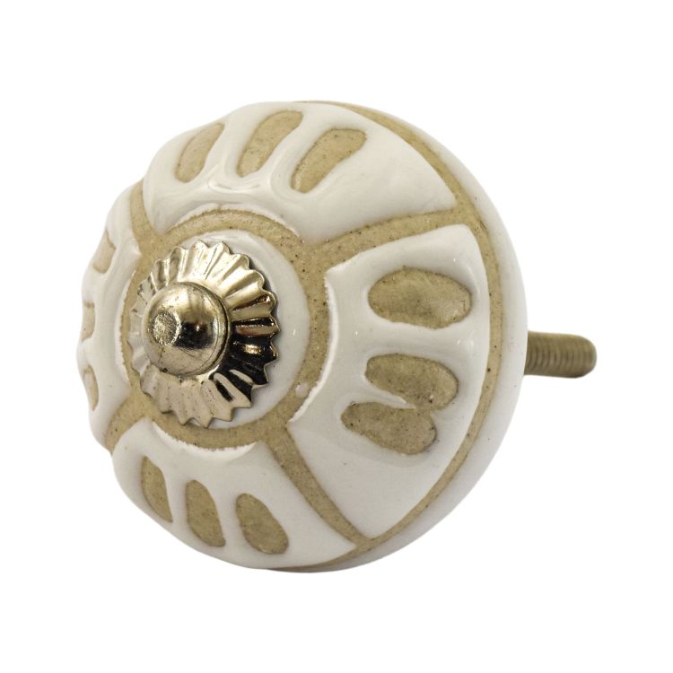 Maľovaná porcelánová úchytka na šuplík, biela, béžový kvet