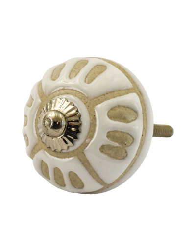Maľovaná porcelánová úchytka na šuplík, biela, béžový kvet