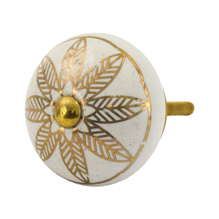 Maľovaná porcelánová úchytka na šuplík, biela, zlatý vzor