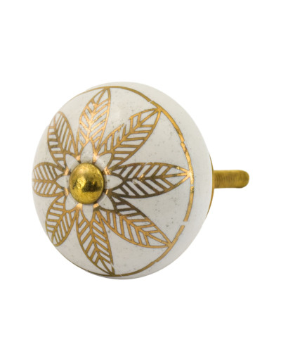 Maľovaná porcelánová úchytka na šuplík, biela, zlatý vzor