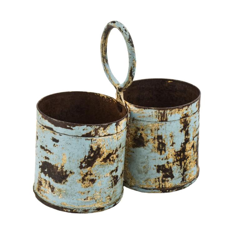 Závesný plechový kvetináč, dvojitý, svetlo modrá patina, 22x11x21cm