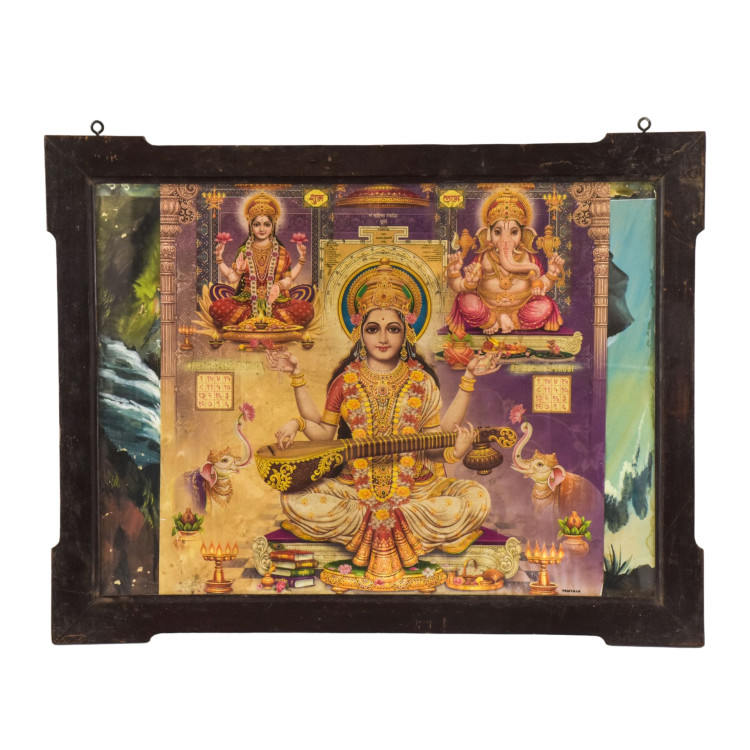 Lakšmí, Saraswatí, Ganéš, starý obraz v teakovom ráme, 70x55cm