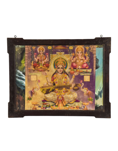 Lakšmí, Saraswatí, Ganéš, starý obraz v teakovom ráme, 70x55cm