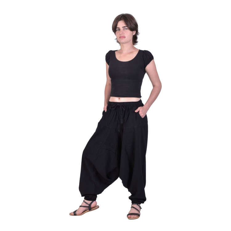 Turecké čierne nohavice, unisex, vrecká, šnúrka a guma v páse