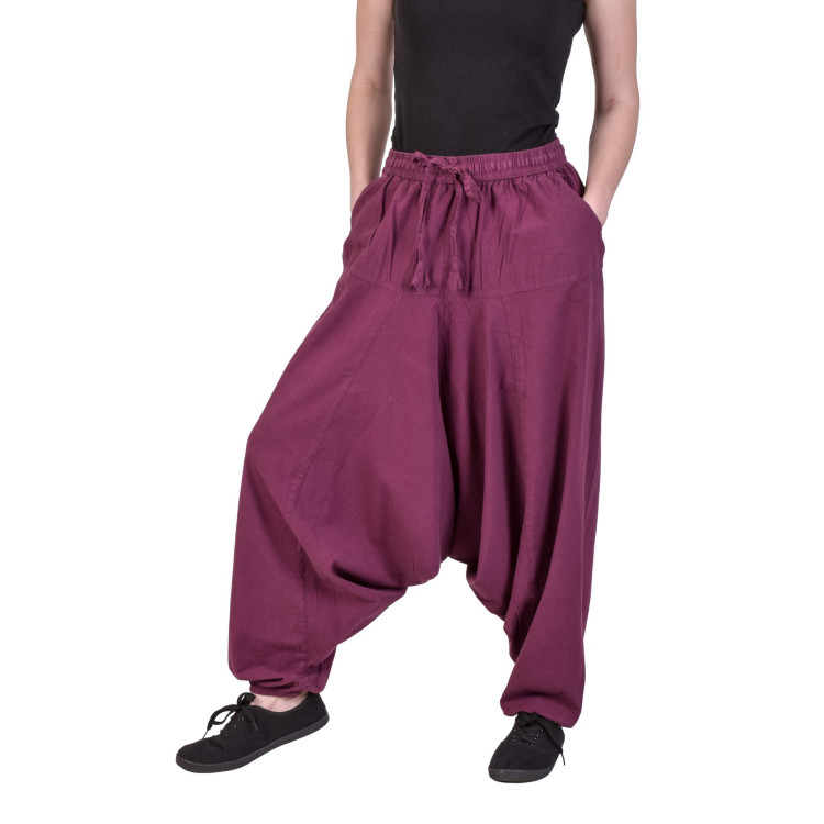 Turecké tmavo fialové nohavice, unisex, vrecká, šnúrka a guma v páse
