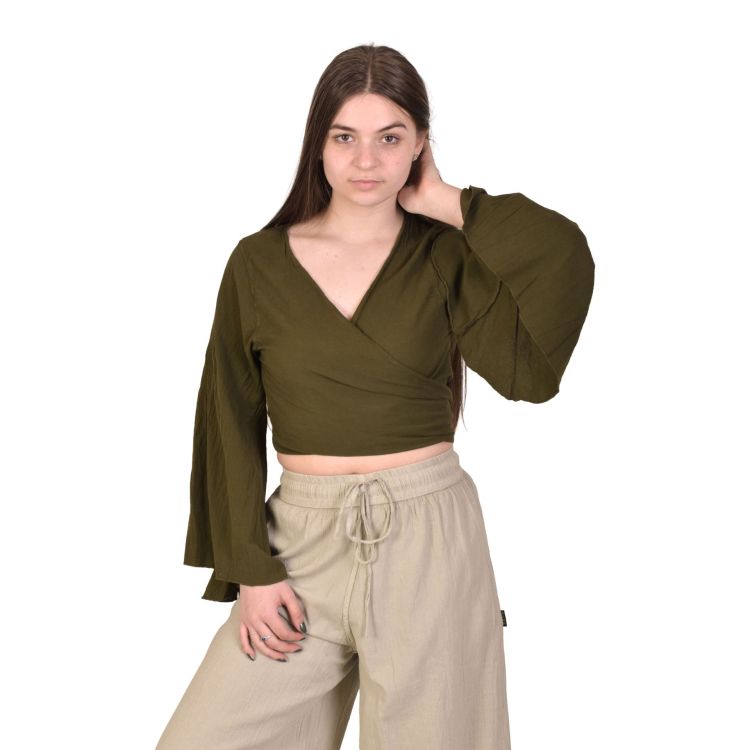 Krátka blúzka s dlhým rukávom do zvonu, zaväzovacia, khaki zelená
