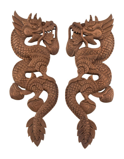 Drevená dekorácia, "Dva draci", 2ks, prírodná úprava, 23x61cm