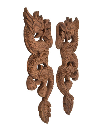 Drevená dekorácia, "Dva draci", 2ks, prírodná úprava, 23x61cm