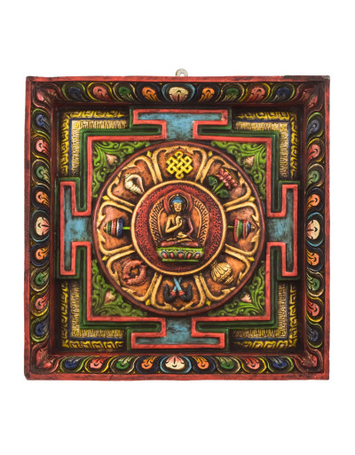 Drevený panel, Astamangal mandala, ručne maľovaný, 36x5x36cm