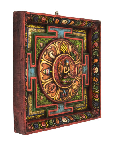 Drevený panel, Astamangal mandala, ručne maľovaný, 36x5x36cm
