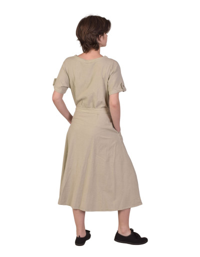 Šedé šaty s krátkym rukávom, midi dĺžka, vrecká, zapínacie s opaskom