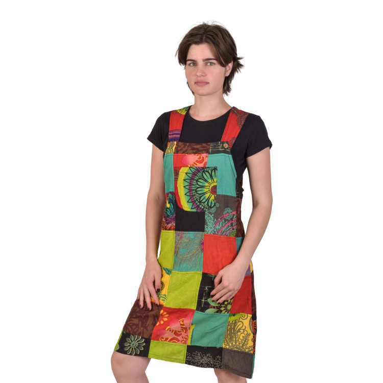 Krátke šaty s trakmi a vreckom, multifarebný patchwork, bavlnené plátno